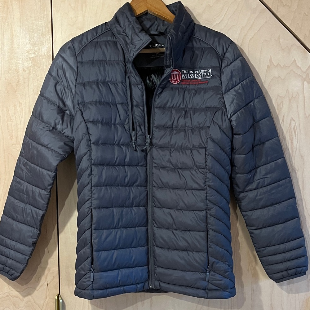 Gray Puffer Jacket with University of Mississippi logo